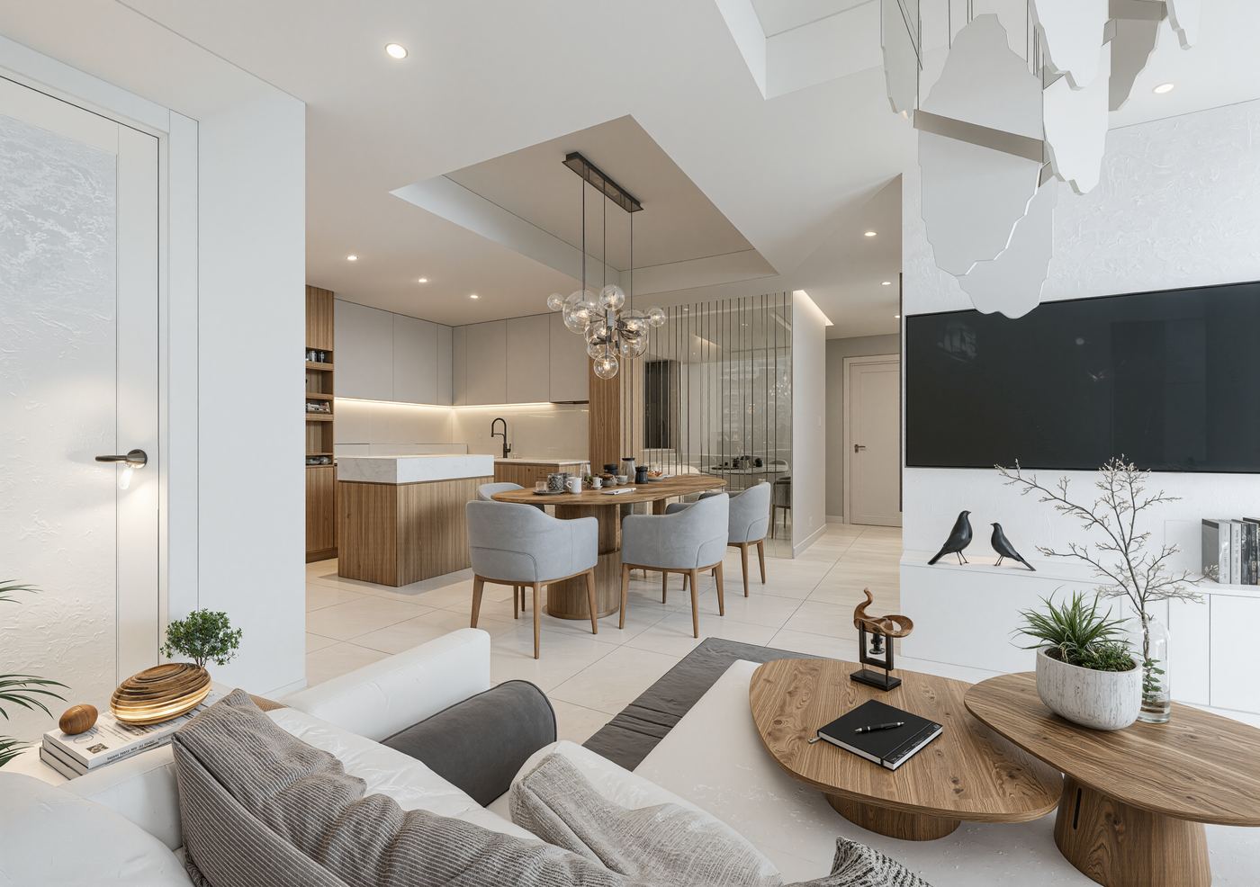 Cocina moderna integrada con área de comedor en un apartamento de Caney Oriental